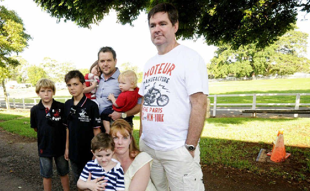 The Farrell family from Brisbane, Hunter,11, Bailey, 11, Kaitlyn, 4, and Dad Trent, with one-year-old Saxon, and the Dingley Family from Macau in China (front) Mum Kirrily, Lachlan, 3 and Dad Stephen Dingley were disappointed to find there were no Alstonville fireworks. The Farrell family from Brisbane, Hunter,11, Bailey, 11, Kaitlyn, 4, and Dad Trent, with one-year-old Saxon, and the Dingley Family from Macau in China (front) Mum Kirrily, Lachlan, 3 and Dad Stephen Dingley were disappointed to find there were no Alstonville fireworks.
