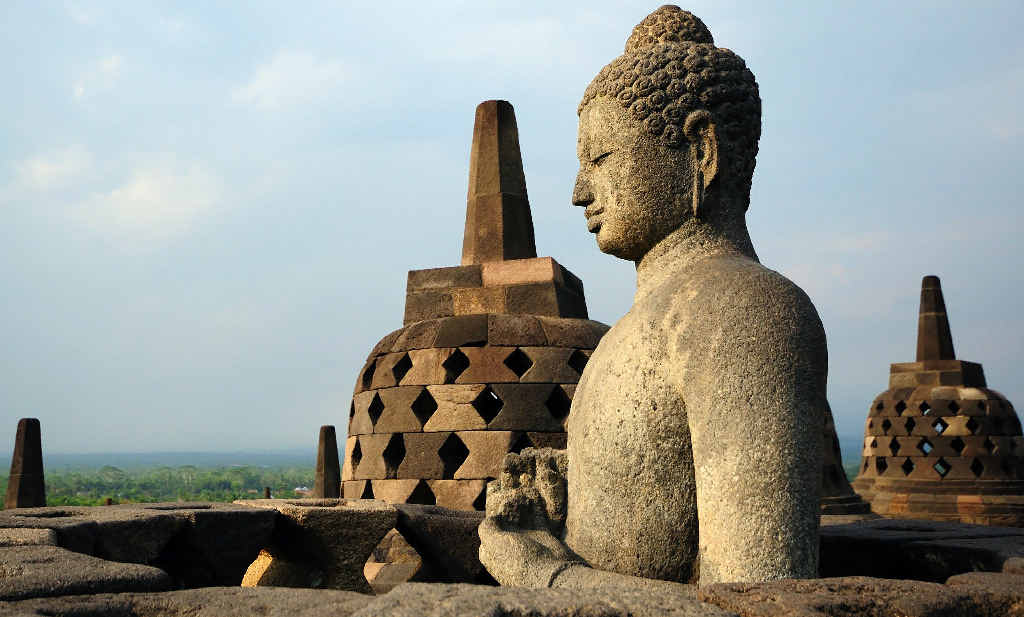 Borobudur in Java, Indonesia is the largest Buddhist structure anywhere in the world, covering 85 hectares. Borobudur in Java, Indonesia is the largest Buddhist structure anywhere in the world, covering 85 hectares.
