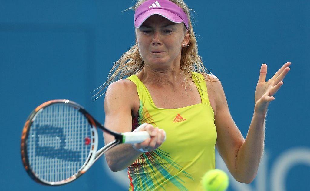 Daniela Hantuchova of Slovakia plays a forehand during her match against Sara Errani of Italy on day three of the Brisbane International at Pat Rafter Arena on January 1, 2013 in Brisbane, Australia. Daniela Hantuchova of Slovakia plays a forehand during her match against Sara Errani of Italy on day three of the Brisbane International at Pat Rafter Arena on January 1, 2013 in Brisbane, Australia.