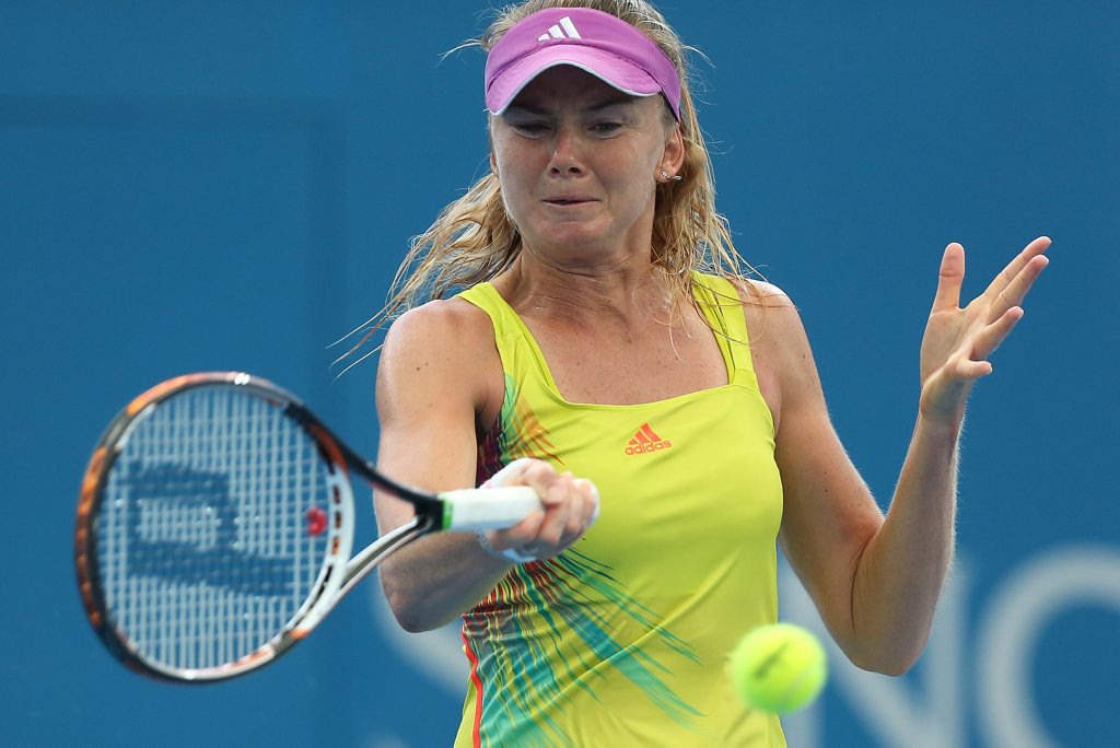 Daniela Hantuchova of Slovakia plays a forehand during her match against Sara Errani of Italy on day three of the Brisbane International at Pat Rafter Arena on January 1, 2013 in Brisbane, Australia. Daniela Hantuchova of Slovakia plays a forehand during her match against Sara Errani of Italy on day three of the Brisbane International at Pat Rafter Arena on January 1, 2013 in Brisbane, Australia.