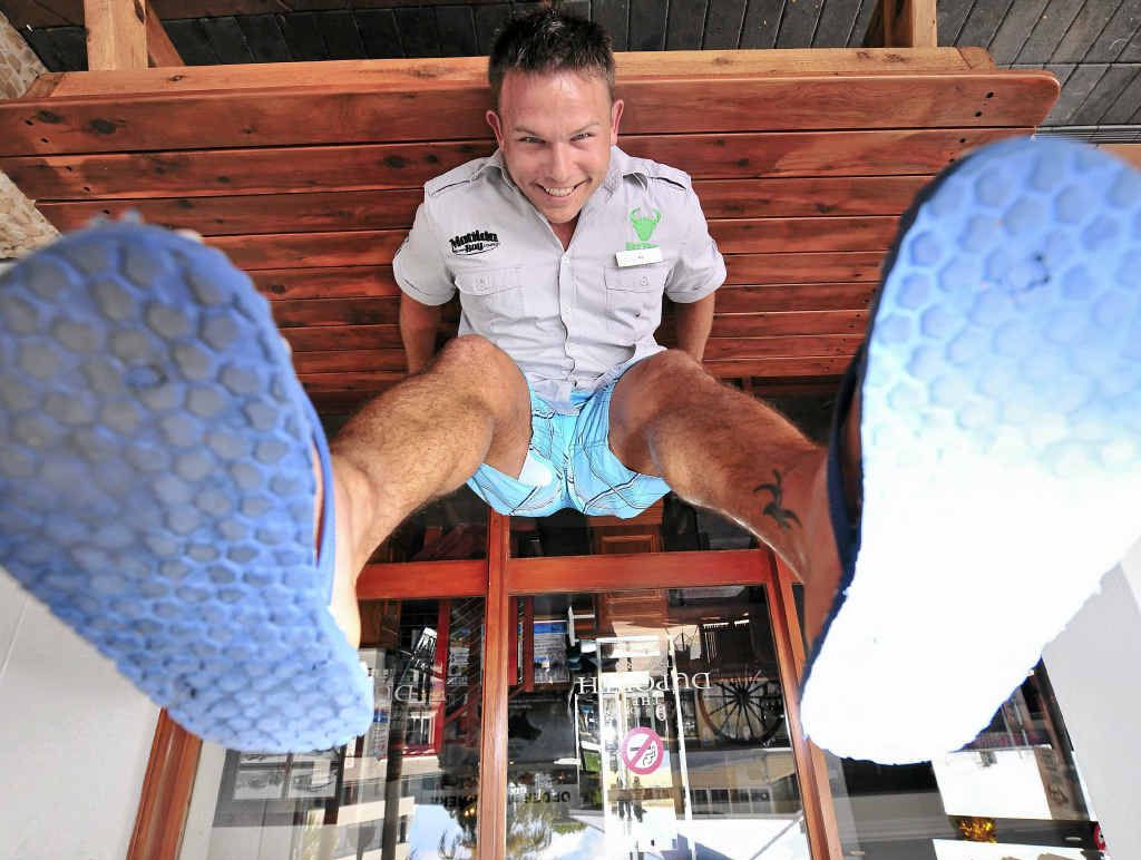 FEET FIRST: Duporth Tavern general manager Aaron Jensen is fired up for an Australia Day thong race world record attempt at the tavern. FEET FIRST: Duporth Tavern general manager Aaron Jensen is fired up for an Australia Day thong race world record attempt at the tavern.