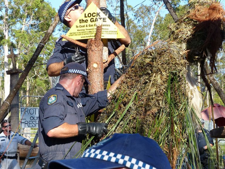 Police arrest 18 protestors blockading a coal seam gas drilling site at Glenugie, south of Grafton. Photo: Andrya Hart. Police arrest 18 protestors blockading a coal seam gas drilling site at Glenugie, south of Grafton. Photo: Andrya Hart.