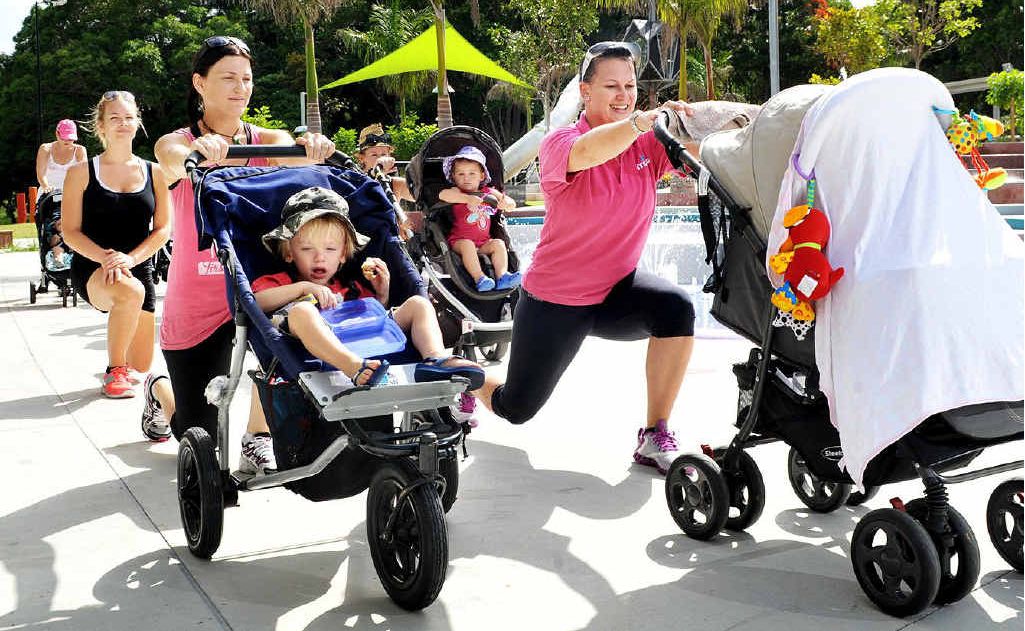 Personal trainer Belle Stockwell (right) takes a group of mums through a fitness session. Personal trainer Belle Stockwell (right) takes a group of mums through a fitness session.