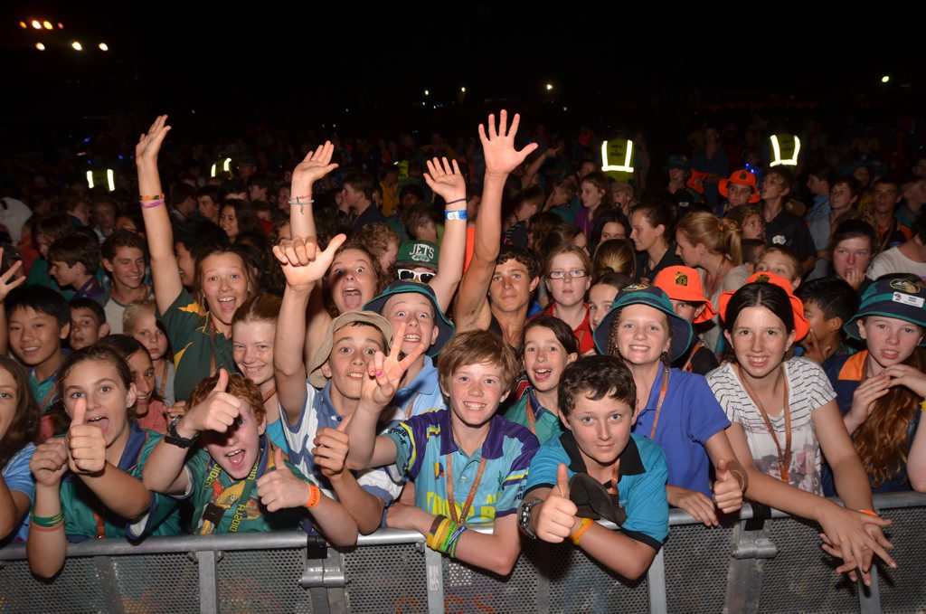 Scouts crowd the main stage for the Jessica Mauboy concert. Scouts crowd the main stage for the Jessica Mauboy concert.
