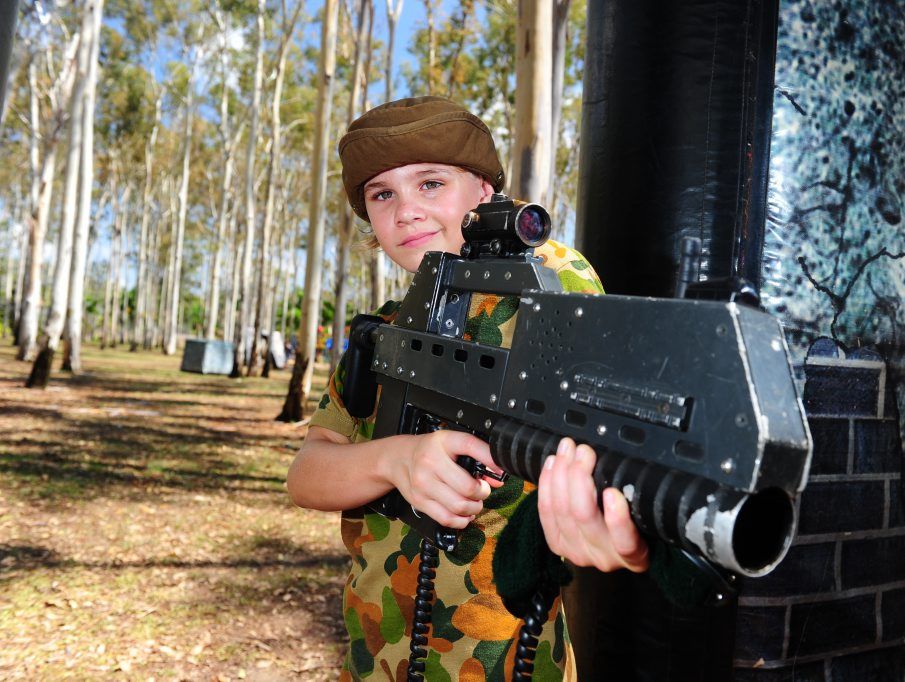 Simeon Lockett, 12, having a blast playing laser skirmish at the Tondoon Botanic Garden.