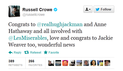 Russell Crowe tweets Hugh Jackman. Russell Crowe tweets Hugh Jackman.