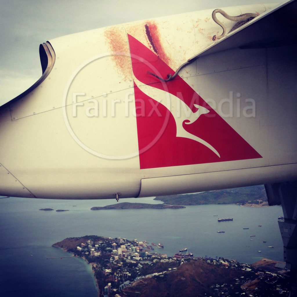 The snake as seen on the wing of the Qantas flight from Cairns to Port Moresby.
The snake as seen on the wing of the Qantas flight from Cairns to Port Moresby.