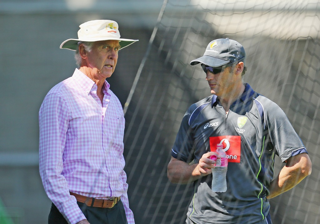 David Hussey of Australia talks with Australian Chairman of Selectors John Inverarity during an Australian cricket team training session at the Melbourne Cricket Ground on January 10, 2013 in Melbourne, Australia. David Hussey of Australia talks with Australian Chairman of Selectors John Inverarity during an Australian cricket team training session at the Melbourne Cricket Ground on January 10, 2013 in Melbourne, Australia.