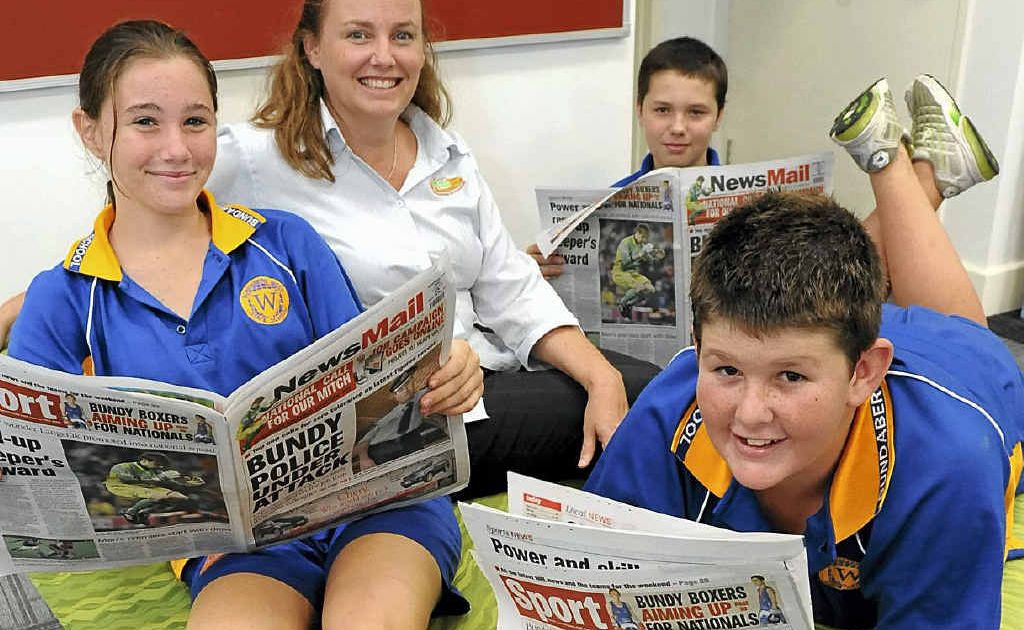 Stacey Muir, Newspapers in Education editor Robyn Courtney, (back) Dakota Biggs and (front) James Watson learn more about newspapers. Stacey Muir, Newspapers in Education editor Robyn Courtney, (back) Dakota Biggs and (front) James Watson learn more about newspapers.