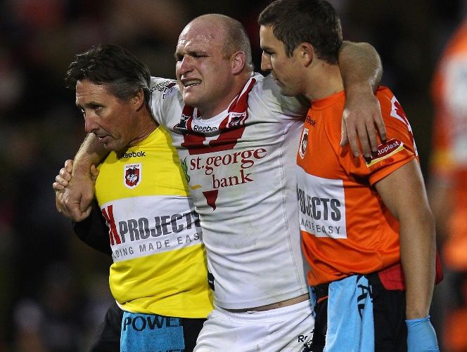 Michael Weyman of the Dragons is helped from the field with an injury during the round 10 NRL match between the Penrith Panthers and the St George Illawarra Dragons at Centrebet Stadium on May 14, 2012 in Sydney, Australia Michael Weyman of the Dragons is helped from the field with an injury during the round 10 NRL match between the Penrith Panthers and the St George Illawarra Dragons at Centrebet Stadium on May 14, 2012 in Sydney, Australia