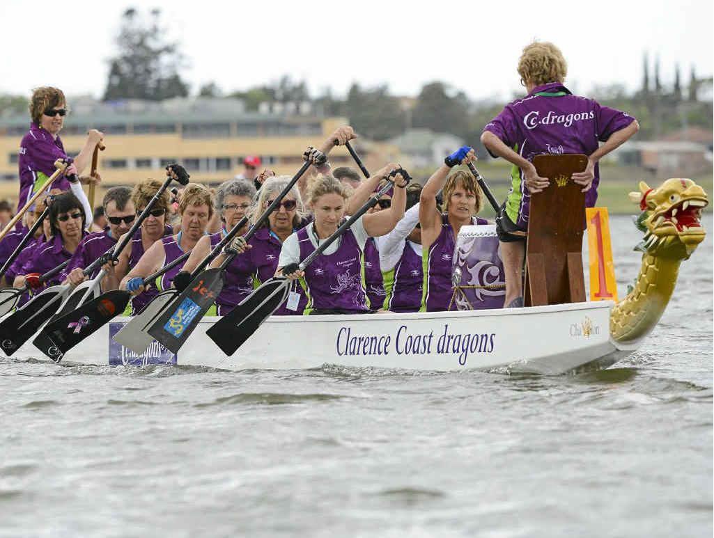 Clarence Coast competes in the 10th Jacaranda Dragon Boat Regatta on the Clarence River at Grafton. Photo: Debrah Novak