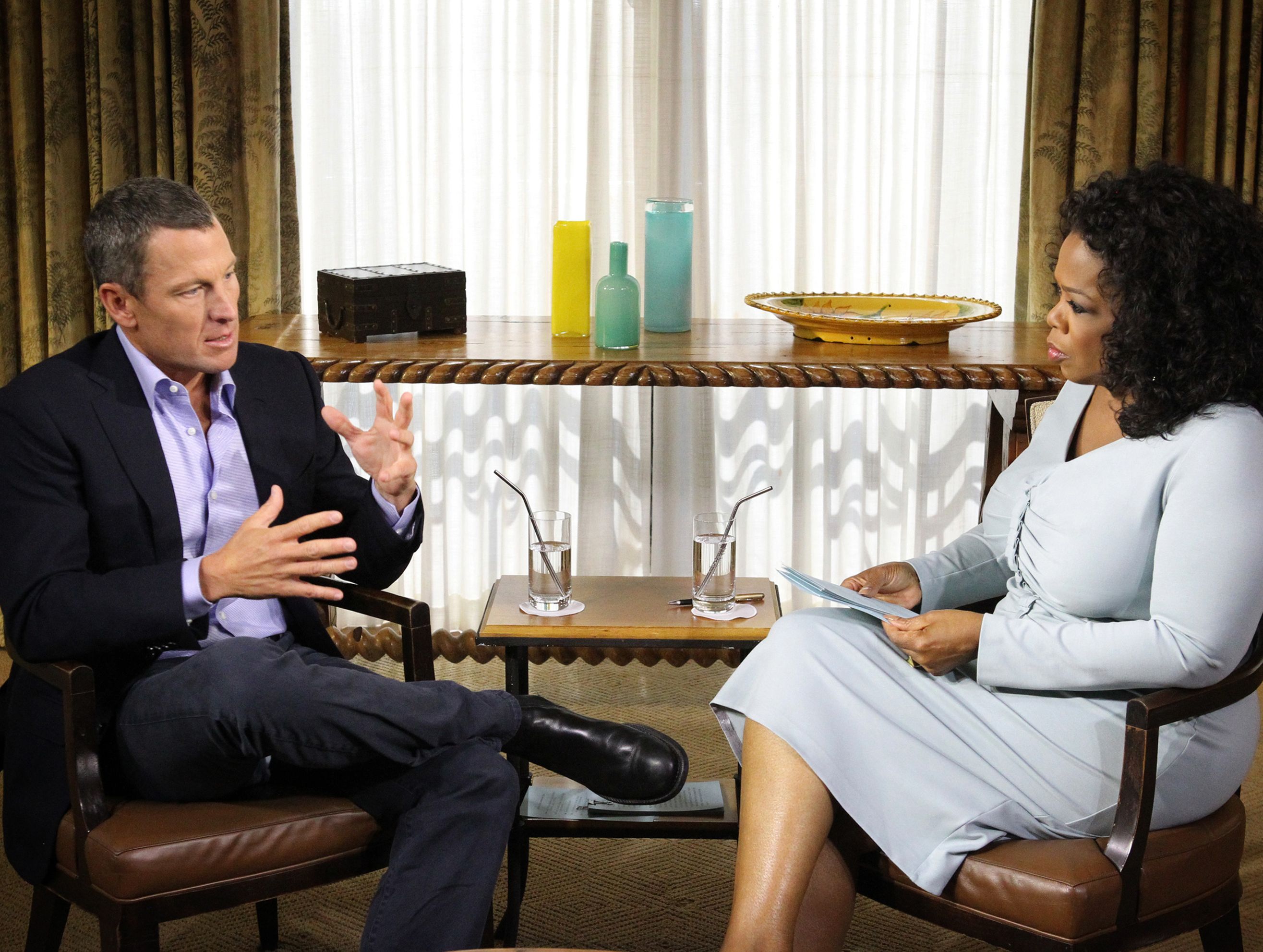 Oprah Winfrey (R) speaks with Lance Armstrong during an interview regarding the controversy surrounding his cycling career on January 14, 2013 in Austin, Texas. Oprah's exclusive interview, 'Oprah and Lance Armstrong: The Worldwide Exclusive', has expanded to air as a two-night event on OWN. Oprah Winfrey (R) speaks with Lance Armstrong during an interview regarding the controversy surrounding his cycling career on January 14, 2013 in Austin, Texas. Oprah's exclusive interview, 'Oprah and Lance Armstrong: The Worldwide Exclusive', has expanded to air as a two-night event on OWN.