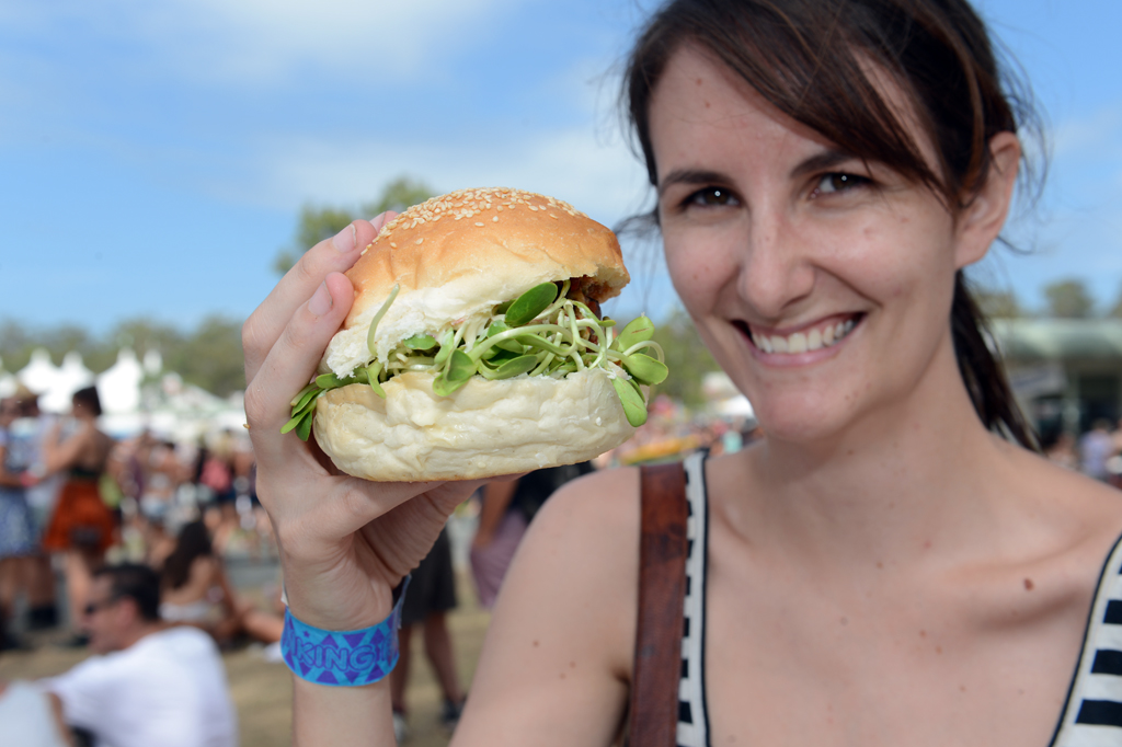 Kayla Mayall enjoys a mushroom burger from Top Shop. Kayla Mayall enjoys a mushroom burger from Top Shop.