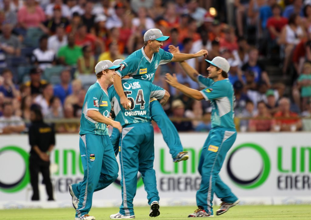 Nathan Hauritz is hoisted in the air by his Brisbane Heat teammates after catching out Perth's Shaun Marsh during the Big Bash League T-20 final. Nathan Hauritz is hoisted in the air by his Brisbane Heat teammates after catching out Perth's Shaun Marsh during the Big Bash League T-20 final.