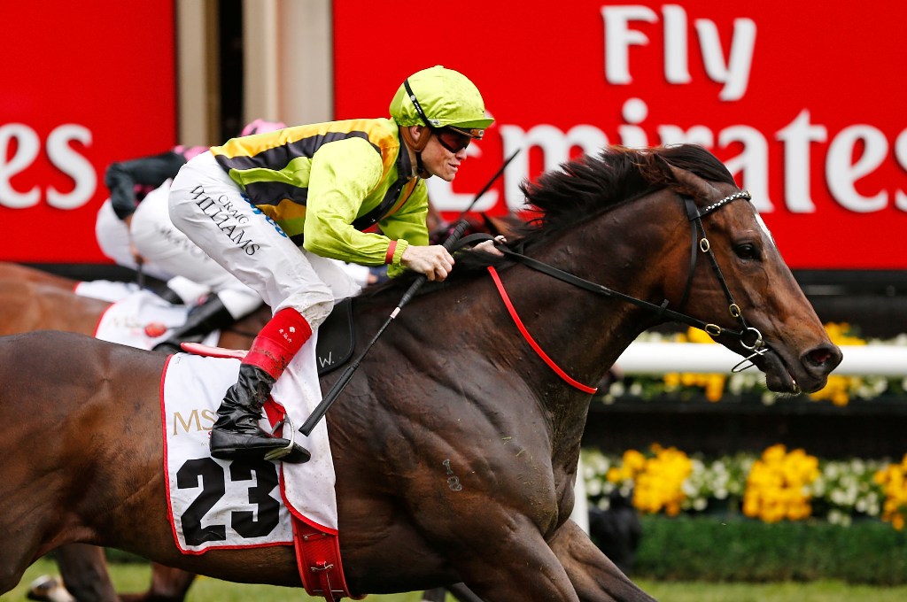 Craig Williams riding Unpretentious wins the MSS Security Sprint during 2012 Melbourne Cup Day at Flemington Racecourse on November 6, 2012 in Melbourne, Australia. Craig Williams riding Unpretentious wins the MSS Security Sprint during 2012 Melbourne Cup Day at Flemington Racecourse on November 6, 2012 in Melbourne, Australia.