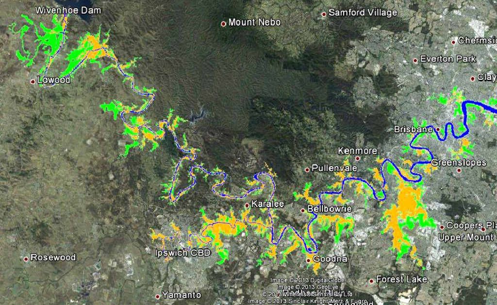 IF ONLY: The Maurice Blackburn flood map based on a January 2011 flood map. The green areas are where there would have been no flooding had Wivenhoe Dam been operated competently, lawyers claim. Orange is where there would have been six inches of flooding. IF ONLY: The Maurice Blackburn flood map based on a January 2011 flood map. The green areas are where there would have been no flooding had Wivenhoe Dam been operated competently, lawyers claim. Orange is where there would have been six inches of flooding.