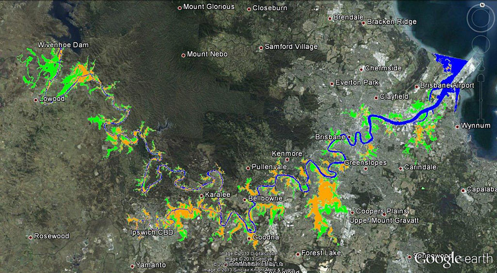 Law firm Maurice Blackburn says the areas in green should not have flooded at all. Orange denotes areas where flooding was 15cm. Law firm Maurice Blackburn says the areas in green should not have flooded at all. Orange denotes areas where flooding was 15cm.