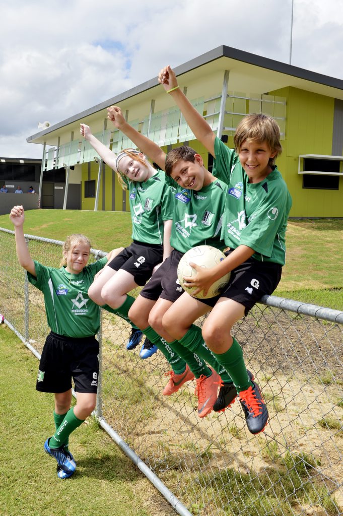 Junior Ipswich Knights Football Club players Celine Mair, Clare Parkes, Ronan McDowell and Riley Smith celebrate the soccer club's new clubhouse. Photo: Claudia Baxter / The Queensland Times Junior Ipswich Knights Football Club players Celine Mair, Clare Parkes, Ronan McDowell and Riley Smith celebrate the soccer club's new clubhouse. Photo: Claudia Baxter / The Queensland Times