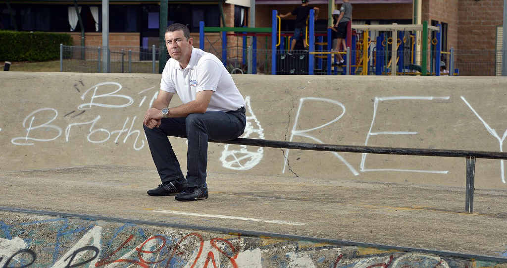 OUTRAGED: Councillor Andrew Antoniolli sits in the skate bowl in Limestone Park. OUTRAGED: Councillor Andrew Antoniolli sits in the skate bowl in Limestone Park.