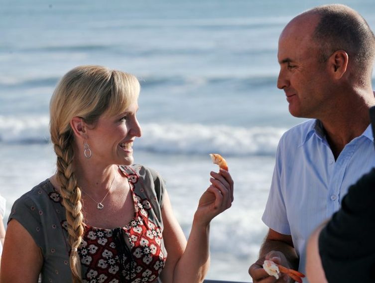 Sunrise weather presenter Fifi Box shares a prawn and a joke with former lover Grant Kenny. Sunrise weather presenter Fifi Box shares a prawn and a joke with former lover Grant Kenny.
