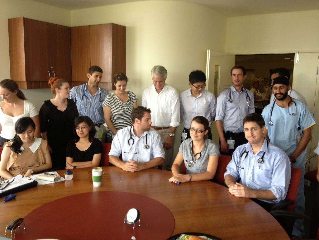 MP Geoff Provest chats with new interns at Tweed Hospital. Photo: Luke Mortimer.