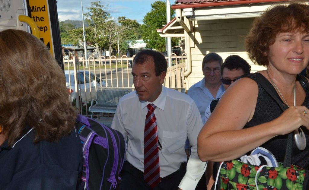 Politicians boarded the public train to Brisbane to experience first hand the thoughts and feelings of users. Candidate for Fisher Mal Brough boards the train. Politicians boarded the public train to Brisbane to experience first hand the thoughts and feelings of users. Candidate for Fisher Mal Brough boards the train.