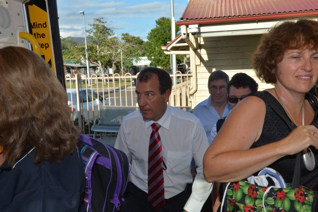Politicians boarded the public train to Brisbane to experience first hand the thoughts and feelings of users. Candidate for Fisher Mal Brough boards the train. Politicians boarded the public train to Brisbane to experience first hand the thoughts and feelings of users. Candidate for Fisher Mal Brough boards the train.