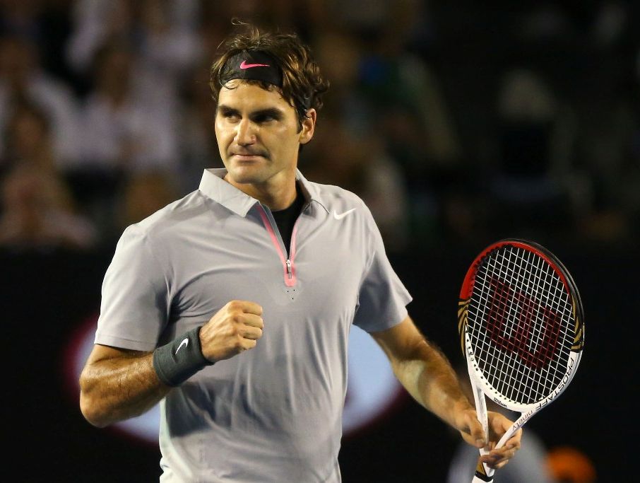 Roger Federer of Switzerland celebrates winning his Quarterfinal match against Jo-Wilfred Tsonga of France during day ten of the 2013 Australian Open at Melbourne Park on January 23, 2013 in Melbourne, Australia. Roger Federer of Switzerland celebrates winning his Quarterfinal match against Jo-Wilfred Tsonga of France during day ten of the 2013 Australian Open at Melbourne Park on January 23, 2013 in Melbourne, Australia.