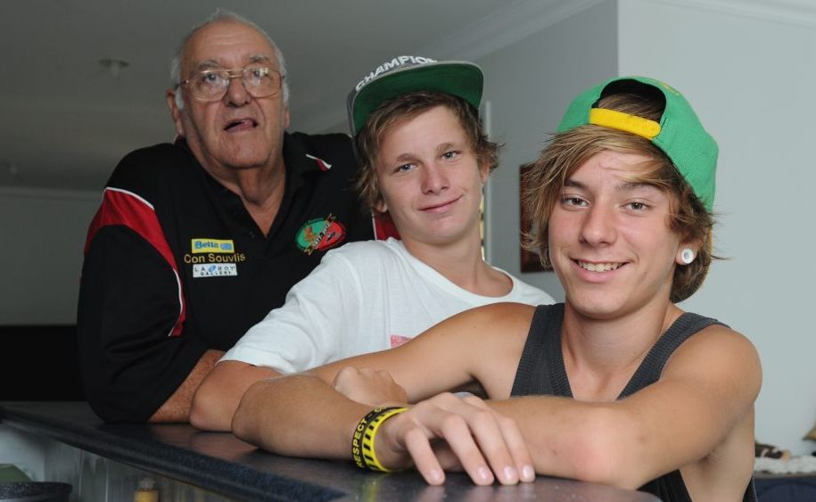 Trae Spasojevic, 14, (right) with his mate Daniel Bartlett, 15, and grandfather Col Peters. Trae Spasojevic, 14, (right) with his mate Daniel Bartlett, 15, and grandfather Col Peters.