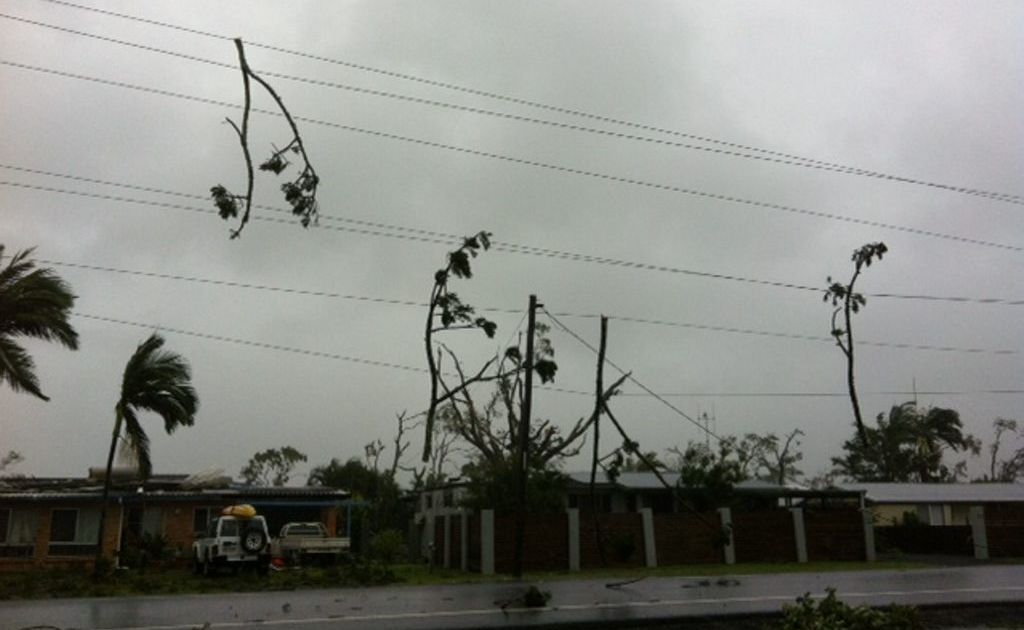 WILD WEATHER: Debris clings to powerlines in Bargara after a mini tornado tore through the area this afternoon. WILD WEATHER: Debris clings to powerlines in Bargara after a mini tornado tore through the area this afternoon.