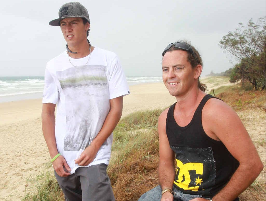 RESCUE HEROES: Mates Damon Bell (left) and Blake Cole risked their lives to help tourists who were caught in a rip at Marcoola Beach. RESCUE HEROES: Mates Damon Bell (left) and Blake Cole risked their lives to help tourists who were caught in a rip at Marcoola Beach.