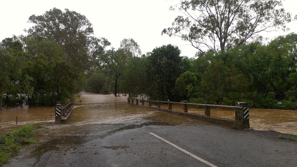 Flooding on the Hut Creek bridge on Gentle Annie Rd, Ambrose. Flooding on the Hut Creek bridge on Gentle Annie Rd, Ambrose.