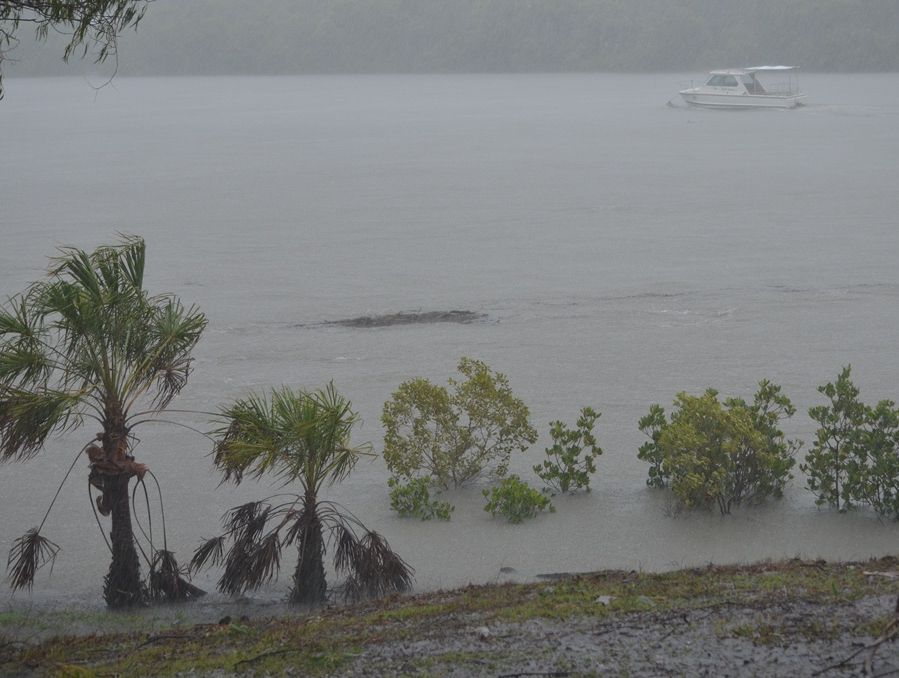 By 12.45pm the Boyne Island river had gone down to the same level as the 2011 flood, but there is still heavy rain, strong winds and a lot of debris floating down the river. By 12.45pm the Boyne Island river had gone down to the same level as the 2011 flood, but there is still heavy rain, strong winds and a lot of debris floating down the river.