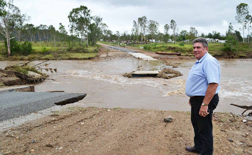 OBLITERATED: Mayor Graeme Lehmann inspects the damage at Ivory Creek Rd in Toogoolawah. OBLITERATED: Mayor Graeme Lehmann inspects the damage at Ivory Creek Rd in Toogoolawah.