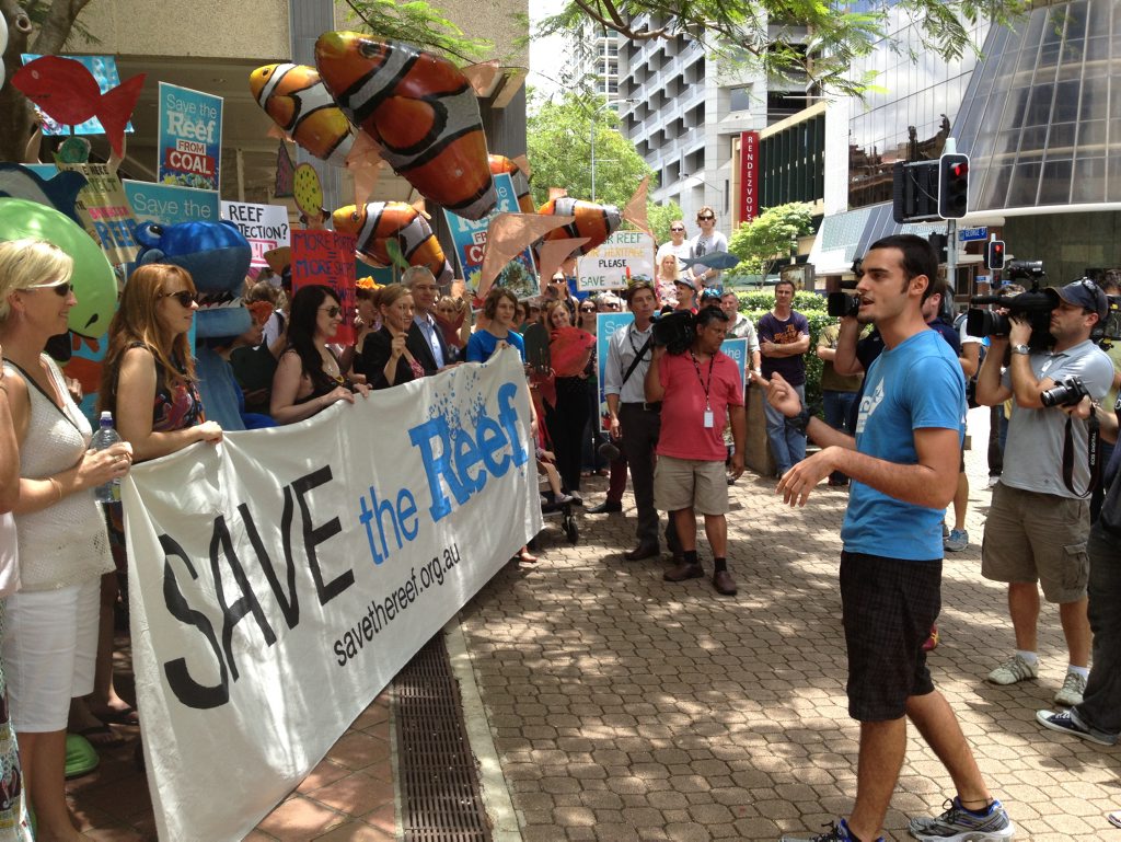 Queensland Greens Senator Larrisa Waters and candidate Adam Stone were among those at the Save the Great Barrier Reef protest outside the Queensland Government's executive building in Brisbane. Queensland Greens Senator Larrisa Waters and candidate Adam Stone were among those at the Save the Great Barrier Reef protest outside the Queensland Government's executive building in Brisbane.