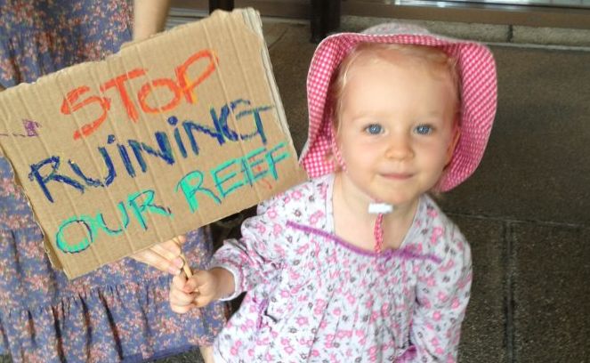 Imogen Barker, from the Gold Coast, at the Save the Great Barrier Reef protest outside the Queensland Government's executive building in Brisbane. Imogen Barker, from the Gold Coast, at the Save the Great Barrier Reef protest outside the Queensland Government's executive building in Brisbane.