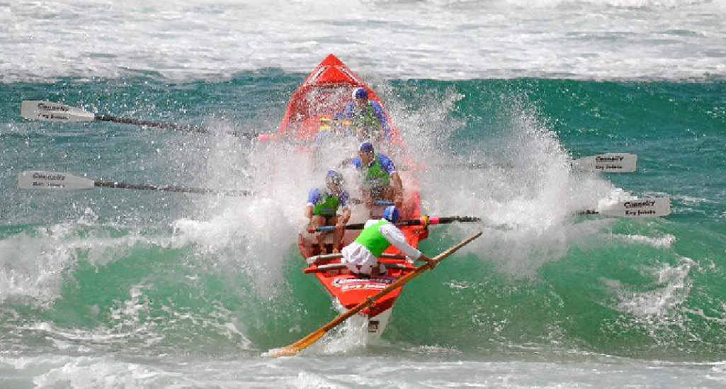 ROUGH AND TUMBLE: Evans Head-Casino’s 180 years men’s surf boat crew in action in the final of the Australian championships at Kurrawa Beach on the Gold Coast last year. ROUGH AND TUMBLE: Evans Head-Casino’s 180 years men’s surf boat crew in action in the final of the Australian championships at Kurrawa Beach on the Gold Coast last year.