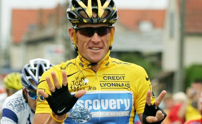 Lance Armstrong of the USA riding for the Discovery Channel team holds up 7 fingers which represents him winning a seventh consecutive Tour de France during Stage 21 of the Tour de France between Montereau and The Champs Elysees on July 24, 2005 in Paris, France. Lance Armstrong of the USA riding for the Discovery Channel team holds up 7 fingers which represents him winning a seventh consecutive Tour de France during Stage 21 of the Tour de France between Montereau and The Champs Elysees on July 24, 2005 in Paris, France.