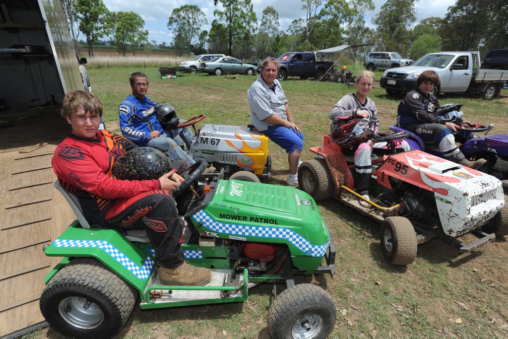 Fraser Coast Lawn Mower Racing Club's Nathan, Dave, Sandra, Sara and Kyle Lowe at the track on Sunday. Fraser Coast Lawn Mower Racing Club's Nathan, Dave, Sandra, Sara and Kyle Lowe at the track on Sunday.