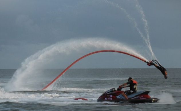 A flyboarder at Torquay beach performs during a visit by Channel Seven's Sunrise. A flyboarder at Torquay beach performs during a visit by Channel Seven's Sunrise.