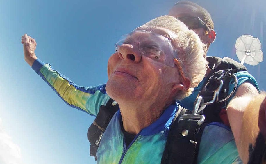 Free from the roar of the wind, Audrey Gwillim enjoys the peaceful part of skydiving as she floats to earth. Free from the roar of the wind, Audrey Gwillim enjoys the peaceful part of skydiving as she floats to earth.