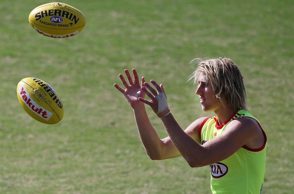 Dyson Heppell marks the ball during an Essendon Bombers AFL training session at Windy Hill on February 14, 2013 in Melbourne, Australia. Dyson Heppell marks the ball during an Essendon Bombers AFL training session at Windy Hill on February 14, 2013 in Melbourne, Australia.