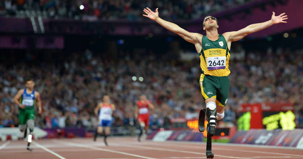 Oscar Pistorius crosses the line to win gold in the Paralympics 400m at London 2012. Oscar Pistorius crosses the line to win gold in the Paralympics 400m at London 2012.