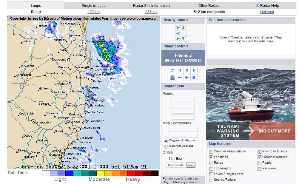 A screen capture off the Bureau of Meteorology's weather radar. A screen capture off the Bureau of Meteorology's weather radar.