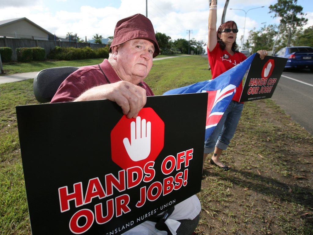 Aged care resident Vic Hall and nurse Sharon McGilvray protesting the possible privatisation of the North Rockhampton Nursing Centre. Photo: Chris Ison / The Morning Bulletin Aged care resident Vic Hall and nurse Sharon McGilvray protesting the possible privatisation of the North Rockhampton Nursing Centre. Photo: Chris Ison / The Morning Bulletin