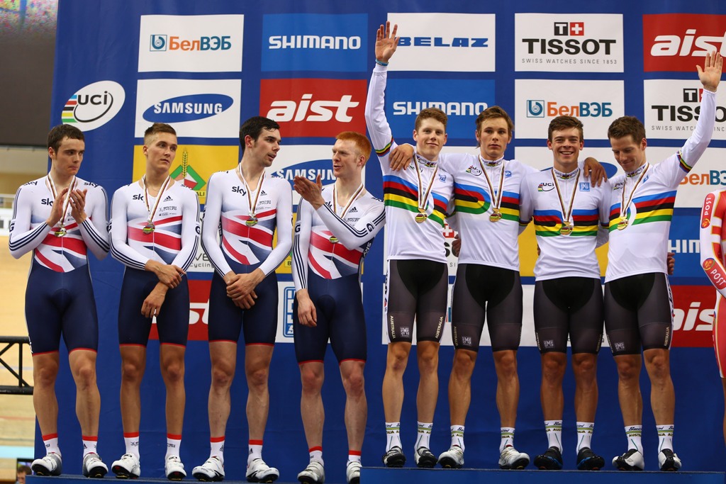 Alexander Morgan (L) , Michael Hepburn (2L) Alexander Edmondson (2R) and Glenn O'Shea (R) of Australia celebrate the men's team pursuit gold victory as the team of Great Britain look on after claiming silver during day one of the UCI Track World Championships at Minsk Arena on February 20, 2013 in Minsk, Belarus. Alexander Morgan (L) , Michael Hepburn (2L) Alexander Edmondson (2R) and Glenn O'Shea (R) of Australia celebrate the men's team pursuit gold victory as the team of Great Britain look on after claiming silver during day one of the UCI Track World Championships at Minsk Arena on February 20, 2013 in Minsk, Belarus.