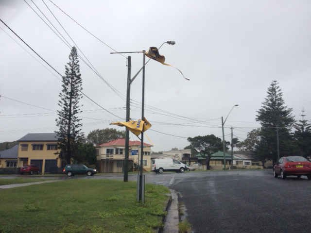 Wild weather conditions caused signs to rip at Yamba. Wild weather conditions caused signs to rip at Yamba.