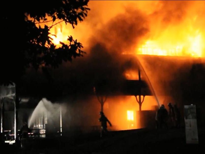 Firefighters work to save Uki's pub, the Mt Warning Hotel, on Saturday night. It's believed the pub caught fire again on Monday morning. Firefighters work to save Uki's pub, the Mt Warning Hotel, on Saturday night. It's believed the pub caught fire again on Monday morning.