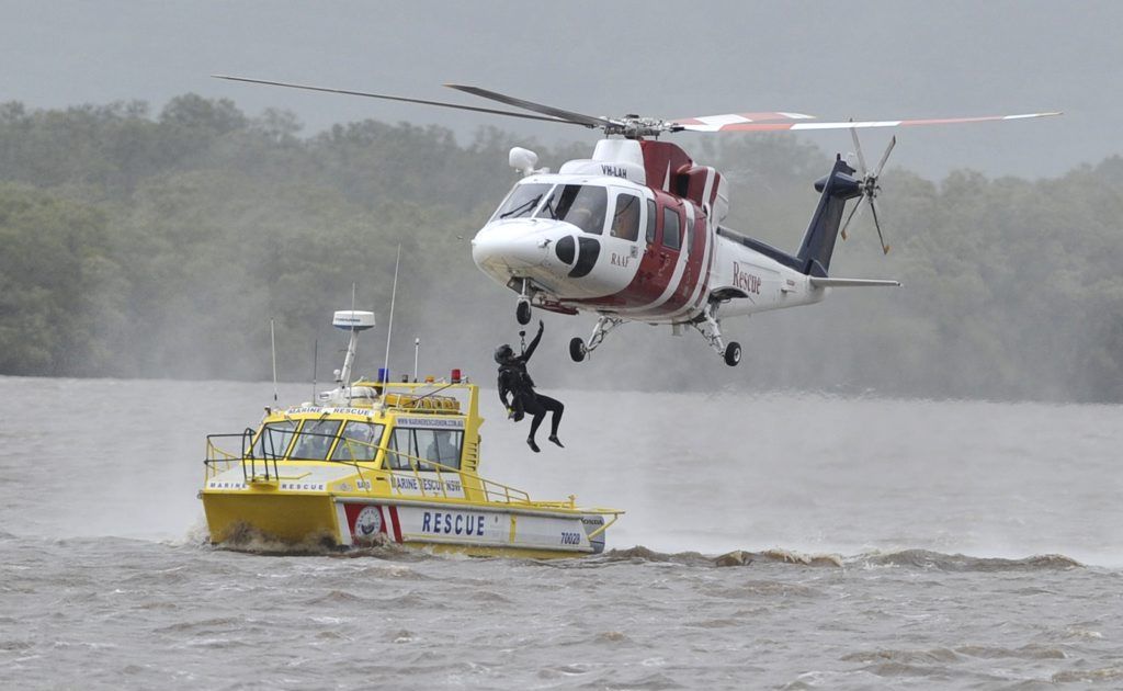 RAAF personnel undertake a training excercise with members of the Ballina Marine Rescue on the Richmond River at Ballina. RAAF personnel undertake a training excercise with members of the Ballina Marine Rescue on the Richmond River at Ballina.