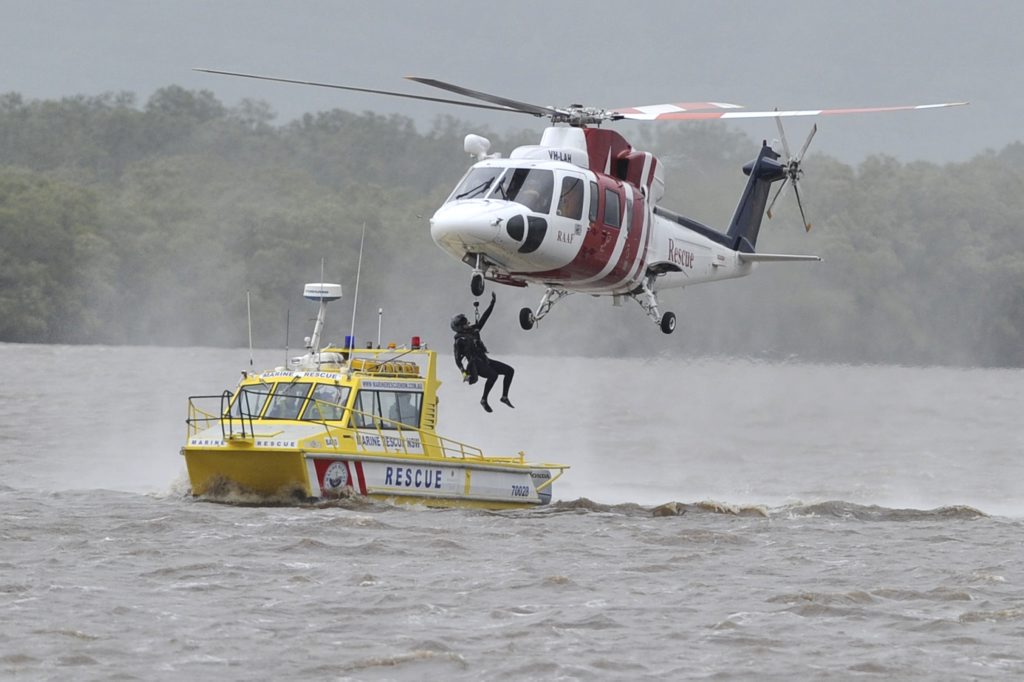 RAAF personnel undertake a training excercise with members of the Ballina Marine Rescue on the Richmond River at Ballina. RAAF personnel undertake a training excercise with members of the Ballina Marine Rescue on the Richmond River at Ballina.